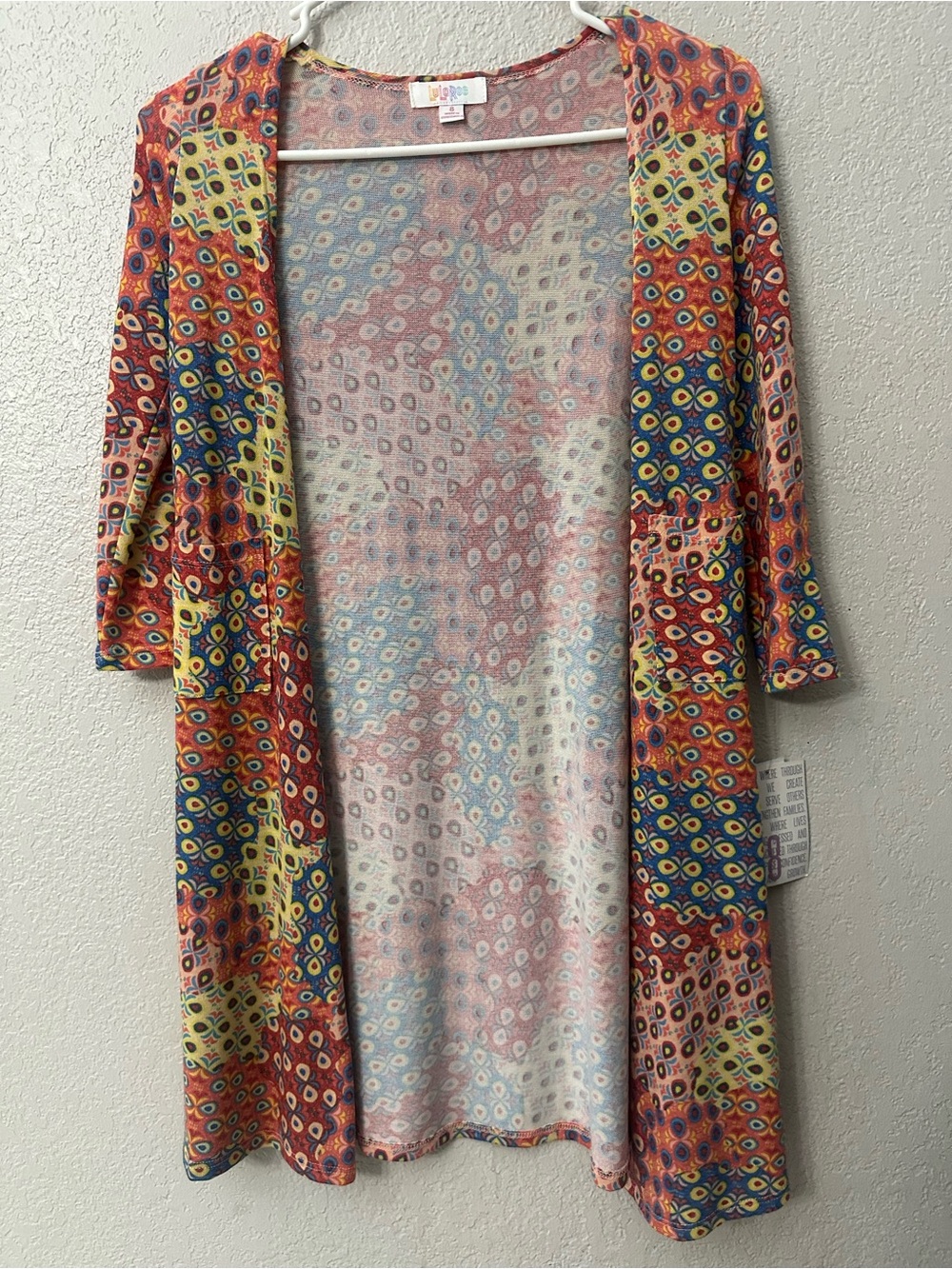 LuLaRoe Multicolor Open-Front Patterned Duster - Red, Yellow, Blue, Cream